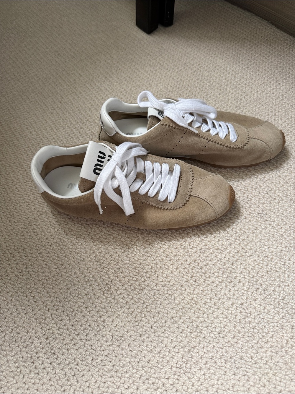 Miu Miu Beige Suede Sneakers with White Accents